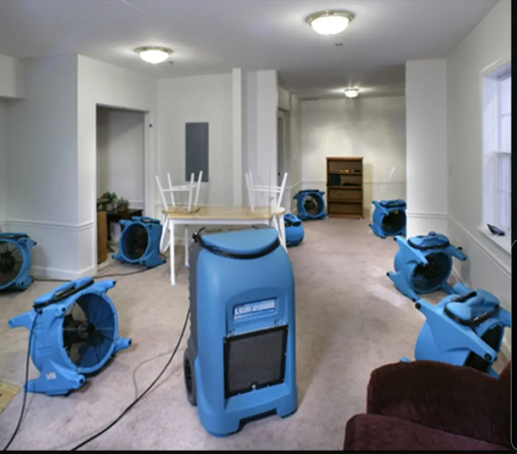 Air movers and dehumidifier setup for Water Damage Restoration in Upper Leacock